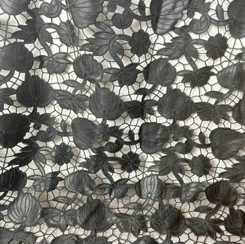 Rich dark lace with intricate 3D fruit and vine designs