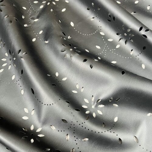 Glossy grey faux leather with delicate leaf-shaped cut-outs