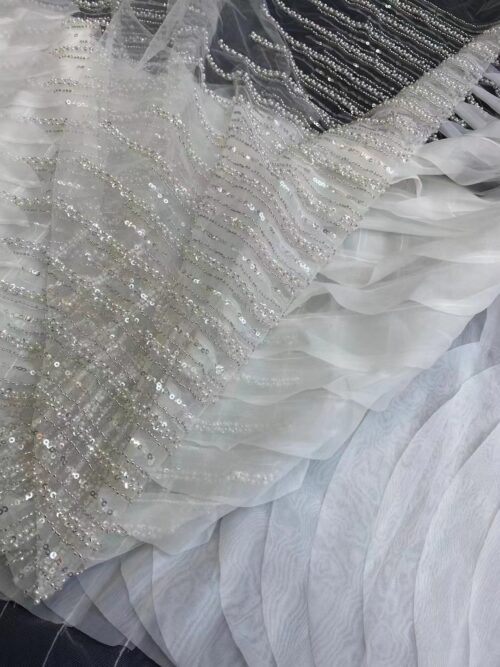 Beaded ruffled tulle fabric